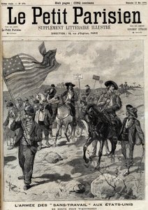 "No Work"-armén i USA på väg till Washington. I april skedde strejker i Pennsylvania och Ohio och en armé av arbetslösa män ledda av Jacob Coxey marscherade till Washington för att kräva arbete. Gravyr i "" Le Parisien"" av Unknown artist