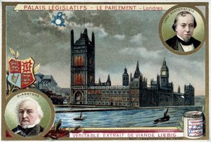 The Palace of Westminster, eller Parliament of London (England), med porträtt av William Ewart Gladstone (1809-1898) och Benjamin Disraeli, Lord Beaconsfield (1804-1881) - Liebig-kromolitografi av Unknown artist