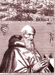Påven Pius V slöt allians med den spanska flottan och Venedigs italienska flotta mot turkarna i slaget vid Lepante i oktober 1571 av Unknown artist