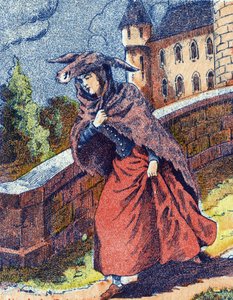 Prinsessans flygning. Anonym illustration till berättelsen "" Åsneskinn" av Charles Perrault (1628-1703), fransk författare. Bildmaterial Marcel Vagne, Jarville Nancy, odaterat (slutet av 1800-talet). av Unknown artist
