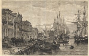 Kajen i Boa Vista, vid San Pedro de Rio Grande do Sul, en hamn i Brasilien - Le quai de Belle-Vue, en San Pedro de Rio Grande (Brasilien) - Kaptenskap i Sao Pedro do Rio Grande do Sul - Gravyr från " "Det lysande universum"" 1866 av Unknown artist