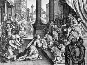 Drottningen av Saba före kung Salomo - gravyr från en 1600-talsbibel av Unknown artist