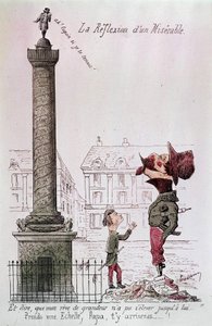 The Reflection of a Miserable - Och att säga, att min dröm om storhet inte kunde stiga upp till honom..., Ta en stege, pappa, du kommer dit...!. Tecknad film om Napoleon III (1808 - 1873) som tittar på Vendôme-kolumnen med sin son. Gravyr av perioden. av Unknown artist