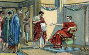Den romerske kejsaren Konstantin (272-337) fastställde de första religiösa lagarna om troslikhet. Kromolitografi från slutet av 1800-talet. av Unknown artist