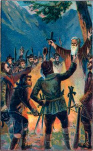 Rutlischwur (Rutlis ed) - den legendariska eden från det gamla schweiziska konfederationen - De tre schweiziska konfederationen svär trohet till Ruetli - Le Oath du Grutli (Rutlischwur) (Patto del Grutli) grundande myten om Schweiz 1307 Kromolitografi av s av Unknown artist
