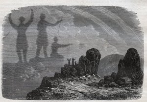The Spectre of the Brocken in the Harz Mountains - Brocken spectrum eller Brocken spectrum - gravyr från 1877 av Unknown artist