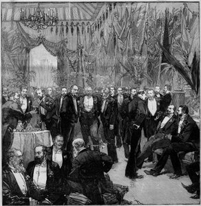 Suezbanketten återförenade världens viktigaste finansiärer (Meeting of the members of the International Commission). Gravyr i ""The Illustrous World"" av Unknown artist