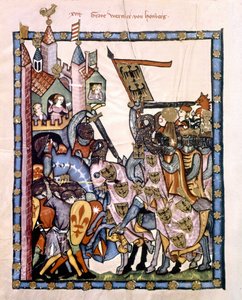 Den schweiziske poeten och riddaren Graf Werner von Homberg (1284-1320) i kejsar Henrik VII:s tjänst belägrade ett fäste som försvarades av Angevine-trupperna på Sicilien. Miniatyr av Codex "Manesse", eller "Manessesche Liederhandschrift", som är ett manus av Unknown artist