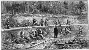 Den transsibiriska järnvägen: Kinesisk arbetarplats. (Från ett fotografi). Gravyr i "" Nature: granskning av vetenskaperna och deras tillämpningar på konst och industri "" av 5 oktober 1895. av Unknown artist
