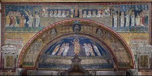 Visionen om det himmelska Jerusalem: De utvalda välkomnas av änglarna. Nedan, Guds lamm. Detalj. Mosaik omkring 830. Triumfbåge av basilikan Santa Prassede, Rom av Unknown artist