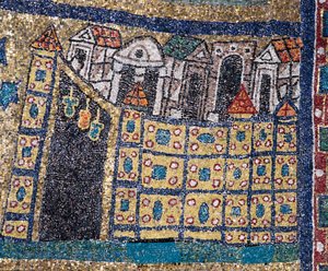 Visionen om det himmelska Jerusalem: detalj av Jerusalem representerad i befäst citat. Mosaik omkring 830. Triumfbåge av basilikan Santa Prassede, Rom av Unknown artist