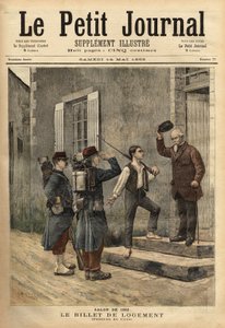 Inkvarteringsbiljetten, som gäller under Napoleonperioden, tillhandahålls av armén till dess soldater och bär namnet och orten för en viss laddning till hebergersoldater i fält. Gravyr efter målning av Cres, i "" Le petit journal av Unknown artist