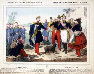 En fransk officers äventyr i Afrika. Den unge officeren, ledaren för en post som attackerades av araberna, avväpnades och fördes till arrestering inför ett krigsråd. av Unknown artist