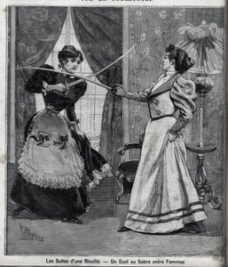 Efterdyningarna av en rivalitet: en svärdduell mellan kvinnor. Gravyr i "" Le Parisien"" av Unknown artist
