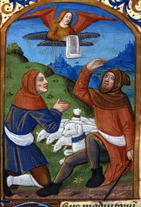 Ängeln tillkännager för herdarna Jesu födelse. 1400-talsmanuskript. Biblioteca Nazionale Braidense, Milano av Unknown artist