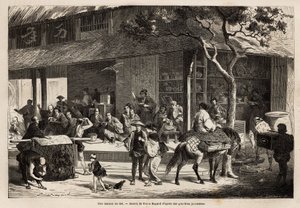 Animationen av ett hus och gatans aktiviteter. Gravyr för att illustrera resan till Japan, 1863-1864, av Aime Humbert, minister för Schweiziska edsförbundet, i "" Le tour du monde, nouveau journal des voyages"" publicerad under ledning av Unknown artist
