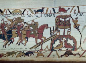 Vilhelm Erövrarens (1027-1087) arméer gick för att slåss mot hertigen av Bretagne, anlände till Bayeux. Harold har just blivit adlad av Guillaume. Detail of the Bayeux Tapestry or Brodery of the Queen Mathilde av Unknown artist