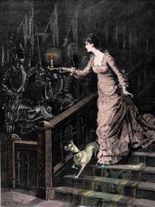 Vapenhuset spökade: en ung kvinna går ner för trappan i en trappa och riktar ljuset hon håller i handen mot en rustning. Illustration av det sena 1800-talet av Unknown artist