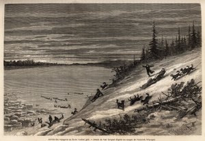 Ankomsten av passagerare med hundspann vid Yukonfloden (extrema norra Kanada) fryser helt. Gravyr för att illustrera resan och äventyren i engelska Colombia, Vancouver Island och Alaska, av Frederick Whymper av Unknown artist