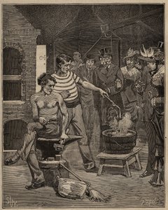 Glaskonsten: erfarenhet av bataviska tårar. Droppar av smält glas släpps i ett kallvattenbad, som fryser i form av tårar. Gravyr från 1885 i "" Les arts et metiers illustres"" av Adolphe BITARD. av Unknown artist