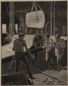 Glaskonsten: att göra glass. Steg som kallas "det stora flödet". Gravyr från 1885 i "" Les arts et metiers illustres"" av Adolphe BITARD. av Unknown artist
