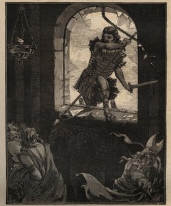 Glaskonsten: målade glasmålade fönster. Theodorics soldater krossar ett målat glasfönster för att komma in i kyrkan Brioude (Haute Loire) år 521. Gravyr från 1885 i "" Les arts et metiers illustres"" av Adolphe BITARD. av Unknown artist