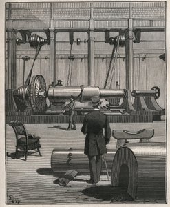 Konsten att resa: skjuta en monsterkanon av stål. Gravyr från 1885 i "" Les arts et metiers illustres"" av Adolphe BITARD. av Unknown artist