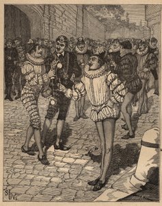 Konsten att svänga: bollen. Kung Henrik III (1551-1589) och hans sötnosar spelar bilboquet på gatan. Gravyr från 1885 i "" Les arts et metiers illustres"" av Adolphe BITARD. av Unknown artist