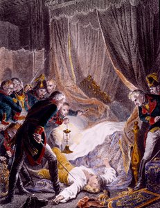 Mordet på Paul I Petrovich (1754-1801), rysk tsar i hans rum på Sankt Mikaels palats efter att ha tvingats skriva under sin abdikation. Gravyr omkring 1801. Privat samling av Unknown artist