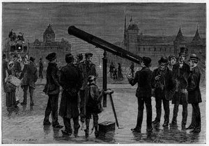 Astronomen och hans astronomiska ram på Place du Chatelet, i Paris, vid tiden för observationerna av planeten Venus, i februari 1889. Gravyr i "" La Nature. Revue des sciences et de ses applications aux arts et a l