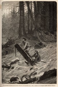 Författaren och hans resenär, Mcdonald, tar sig ner för forsen på Nittinahtfloden (Vancouver Island) på en provisorisk flotte. Gravyr för att illustrera resan och äventyren i engelska Colombia, Vancouver Island och Alaska, av Frederick Whymper av Unknown artist