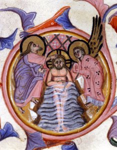 Kristi dop i Jordan av Johannes Döparen - efter en miniatyr av ett 1300-talsmanuskript. av Unknown artist