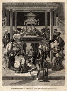 Buddhas dop, en årlig högtid som äger rum den 8:e dagen i den 4:e månaden, vattnar hängivna bronsstatyn av Buddha som exponeras för tillfället framför templen. Gravyr för att illustrera resan till Japan, av Aime Humbert, min av Unknown artist