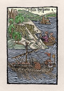Barken vid Hispaniola av Christopher Columbus (1451-1506). Gravyr från "" De insulis in mare Indico super inventis"", Bale 1493-1494 (latinsk översättning av Columbus rapport till kungen av Spanien). av Unknown artist