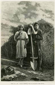 Bildarna, ägare till en beche, anklagas för att ha grävt avloppen från vetefälten i Karoun-regionen. Gravyr för att illustrera historien La Perse, la Chaldee et la Susiane av Jane Delafoy (1851-1916), akademiofficer, i le tour du monde 1886, direc av Unknown artist