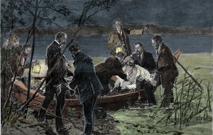 Kroppen av Ludvig (Ludwig) II av Baviere Wittelsbach (1845-1886) fynd drunknad med Dr Gudden i sjön Starnberg nära Bergs slott i juni 1886 Gravyr av Unknown artist