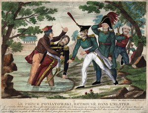 Kroppen av prins Joseph (Jozef) Antoni Poniatowski (gjorde 1763) hittades i floden Eelster den 23 oktober 1813, gravyr av tiden av Unknown artist
