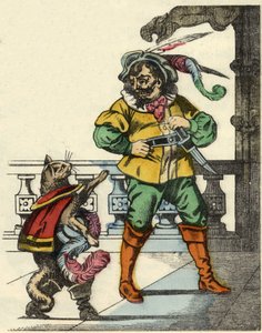 Stövelkatten möter ogren. Illustration av berättelsen "The cat botte" av Charles Perrault av Unknown artist