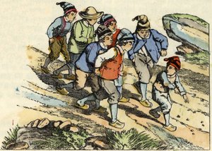 Bröderna följer Lilla Poulet som sådde vita småsten på vägen. Illustration av berättelsen "" Le Petit Poucet"" av Charles Perrault av Unknown artist