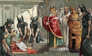 Begravningen av Karl den Store 814 i katedralen i Aachen i Tyskland. Kromolitografi från slutet av 1800-talet. av Unknown artist