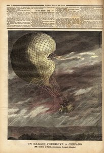 Ballongen (fångad ballong) av de franska herrarna Godard och Panis, offer för en olycka orsakad av stormen den 7 juli, på marken för världsutställningen i Chicago, i full flygning, ballongen träffades och träffades, vilket skadade två flygare gr av Unknown artist