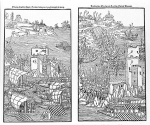 Infångandet av Rhodos av turkarna 1522. Turkarna attackerar fästningen St. Nicholas. Xylografi. av Unknown artist