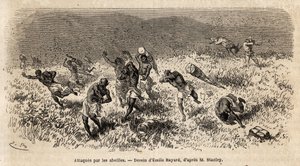 Karavanen av bärare av Henry Morton Stanleys expedition (1841-1904) på Misonghi-vägen (Östafrika) attackerades av ett moln av bin. Gravyr för att illustrera resan på jakt efter Livingstone, i centrala Afrika, av Henry Stanley, korrespondent för av Unknown artist