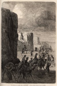 Karavanen för Hajis (muslimska peleriner) i Korantaghi (Persien, Iran). Teckning av Emile Bayard (1837-1891), för att illustrera resan till Centralasien, 1863, av Arminius Vambery (ungersk vetenskapsman förklädd i dervisch). Gravyr i "" Le tour du mond av Unknown artist
