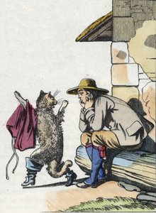 Katten ber sin husse om kläder och stövlar och lovar att bli rik snart. Illustration av Charles Perraults berättelse "Le chat botte" av Unknown artist