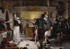 Katakomberna i Rom användes för att begrava kristna martyrer under det första århundradet utan att stöta på några hinder från romarna. Omkring 257, under kejsar Valerianus regering, började förföljelser mot de döda och många kristna förföljdes och jagades av Unknown artist