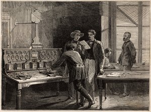 Centraltelegrafstationen vid Creusotfabriken. Gravyr för att illustrera en resa till Creusot och gruvorna i Saone och Loire, 1865, av L. Simonin, i "" Le tour du monde, nouveau journal des voyages"" publicerad under ledning av Edouard C av Unknown artist