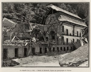 Kapellet förstört av översvämningen av Arve. Berteault gravyr för att illustrera historien "La catastrophe de Saint Gervais les Bains"" av Unknown artist