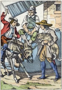 Barnen till föraren, som just dog, delar hans egendom: åsna, kvarn och katt. Illustration av berättelsen "The cat botte" av Charles Perrault av Unknown artist