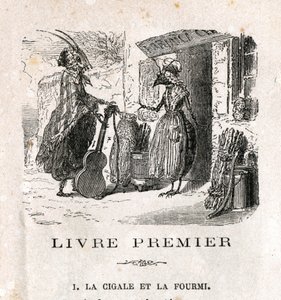 Cikadan och myran. Fabel av La Fontaine. 1800-talsgravyr. av Unknown artist